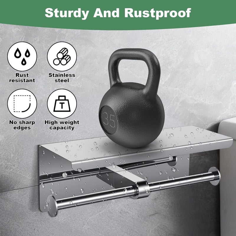Tobeelec Double Roll Toilet Paper Holder with Shelf, 304 Stainless Steel Wall Mount Tissue Roll Holder for Bathroom, Commercial Toilet Paper Holder Toilet Tissue Dispensers with Phone Shelf (Silver) - Image 4